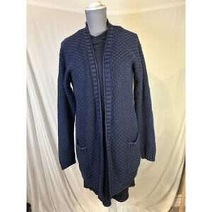 Woolovers Chunky long cardigan M navy Cable knit Cotton Pockets Boho Classic